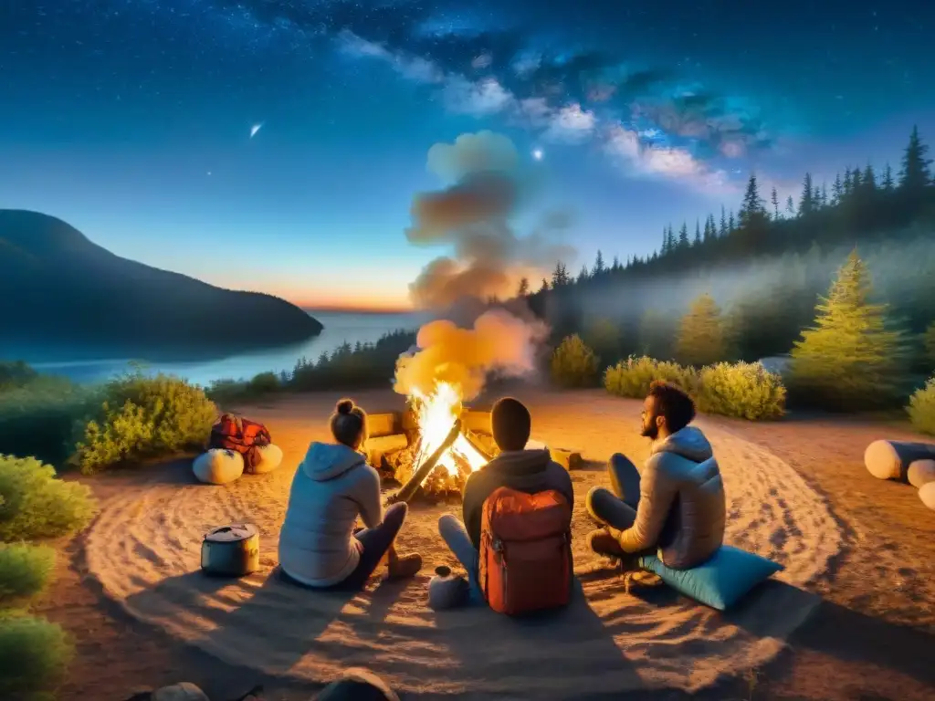 Noches de conexión y resiliencia: Campamento bajo las estrellas Grupo de campistas compartiendo alrededor de fogata en la noche, expresando camaradería y relax