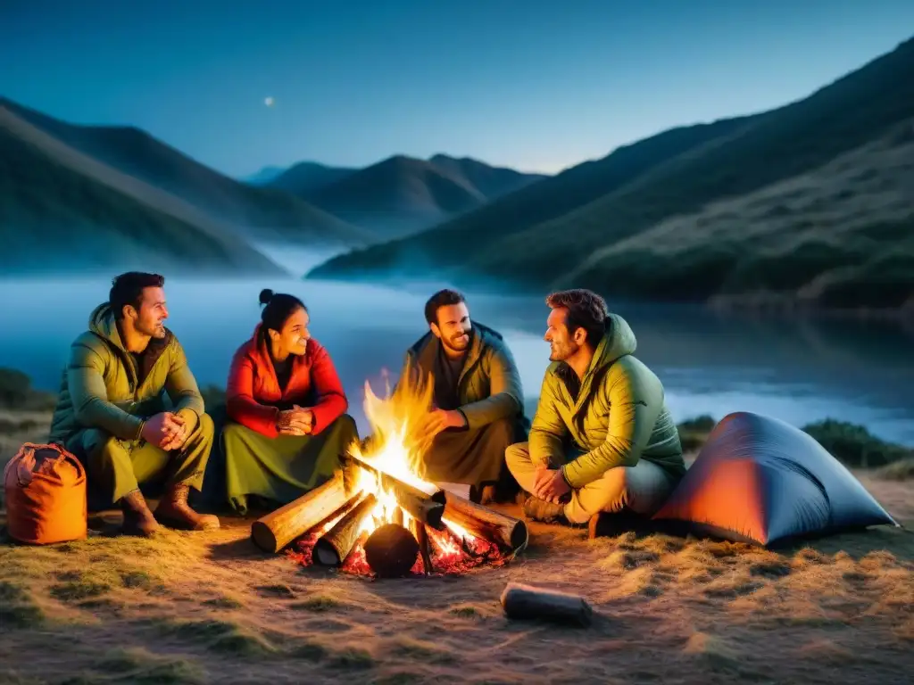Campamento nocturno en Uruguay: campers junto a fogata con mantas térmicas Grupo de campistas en Uruguay disfrutando de una fogata nocturna, envueltos en mantas térmicas de emergencia