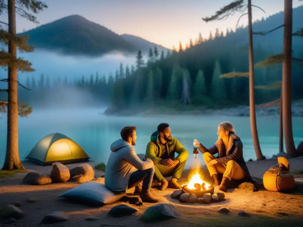 Noche de campamento: Unión y seguridad alrededor del fuego Grupo de campistas alrededor de fogata en la oscuridad, resaltando la importancia de una linterna para la seguridad en camping