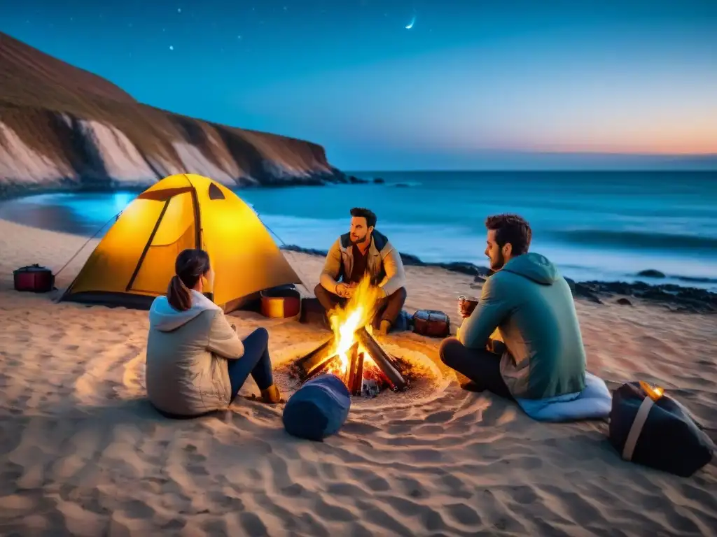 Campamento mágico en la playa de Uruguay al atardecer Grupo de campistas disfrutando de una fogata en la playa al atardecer en Uruguay
