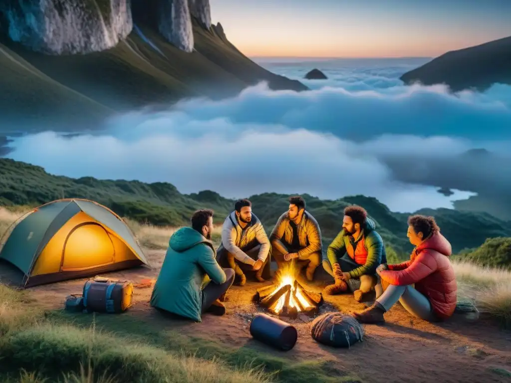 Campamento de alta tecnología en Uruguay Grupo de campistas alrededor de una fogata tecnológica en la naturaleza uruguaya, con equipamiento avanzado