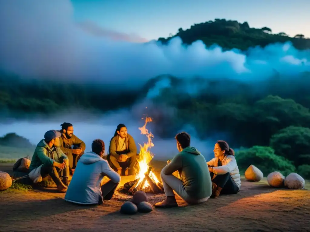 Campamento nocturno en bosque de Uruguay: comunidad y naturaleza Grupo de campistas alrededor de fogata en bosque de Uruguay