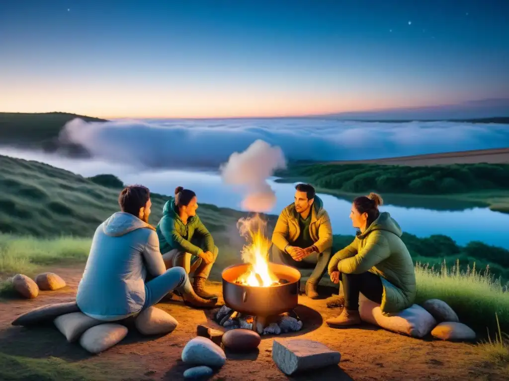 Cocina tradicional bajo las estrellas: campamento en Uruguay Un grupo de campistas en Uruguay cocinando sobre un fogón campfire bajo el cielo estrellado