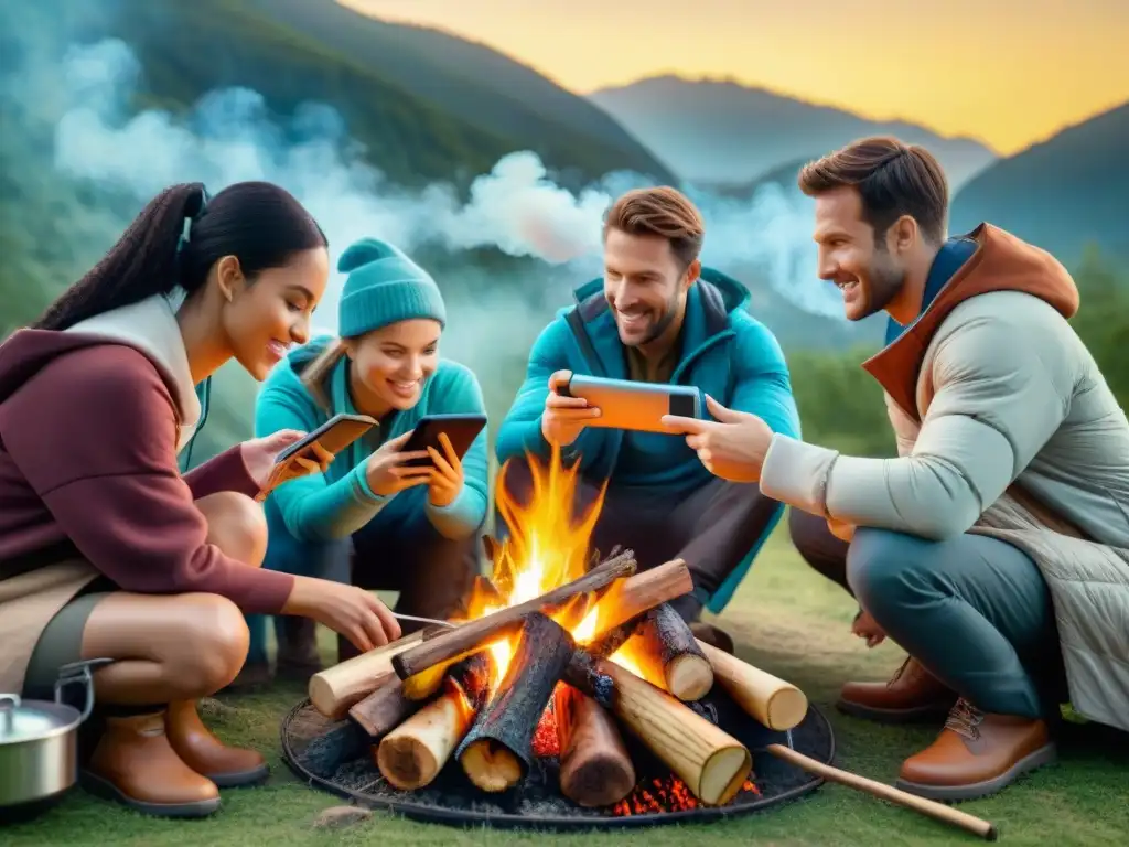 Cocina al aire libre: campamento tecnológico alrededor de la fogata Un grupo de campistas frente a una fogata, consultando apps chef cocina camping al aire libre, fusionando tecnología y naturaleza