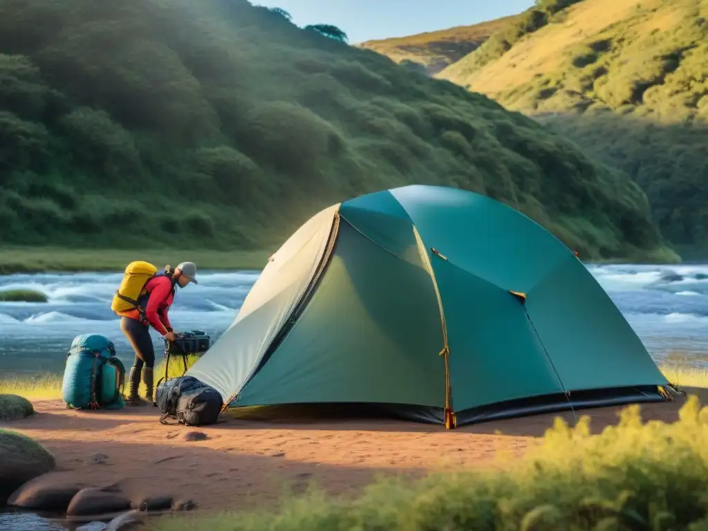 Campamento en la naturaleza: montando una tienda impermeable en Uruguay Grupo de campistas en Uruguay asegurando fundas impermeables para equipo camping en la naturaleza exuberante