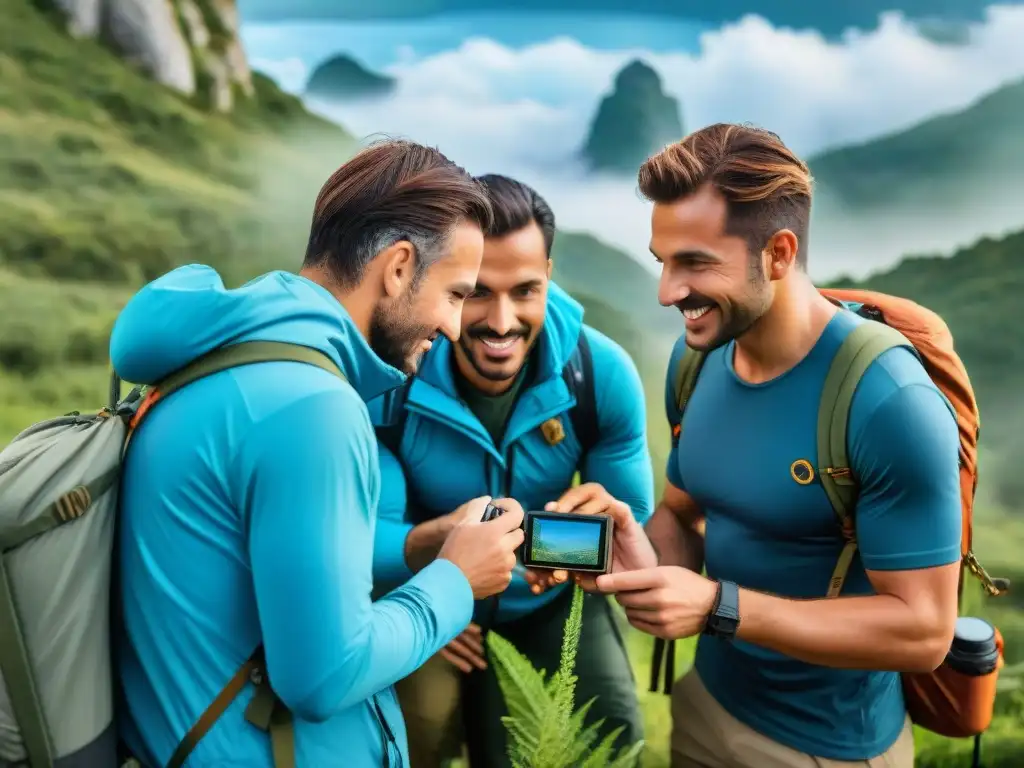 Excitante exploración: campistas en Uruguay usando GPS en plena naturaleza Grupo de campistas en Uruguay usando un GPS en medio de la naturaleza, resaltando la utilidad del GPS en camping en Uruguay