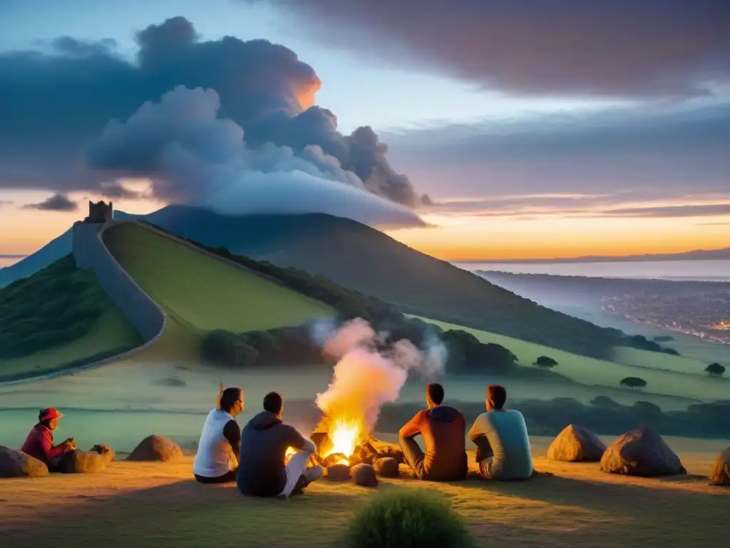 Campamento nocturno junto a fortaleza histórica en Uruguay Un grupo de campistas escucha a un guía junto a una fogata, con un fuerte histórico al fondo