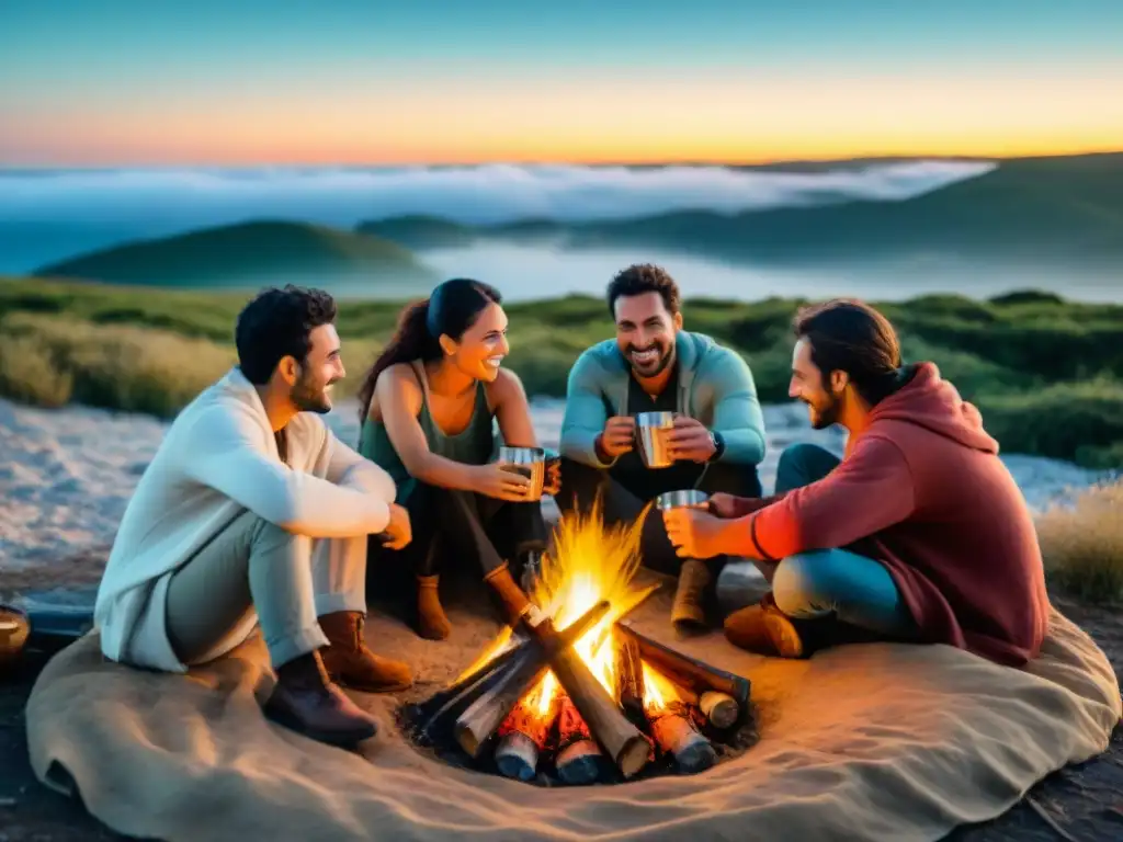Noches de campamento con mates y risas en Uruguay Grupo de campistas compartiendo historias alrededor de fogata en Uruguay, con mate en mano, reflejando impacto cultural camping Uruguay