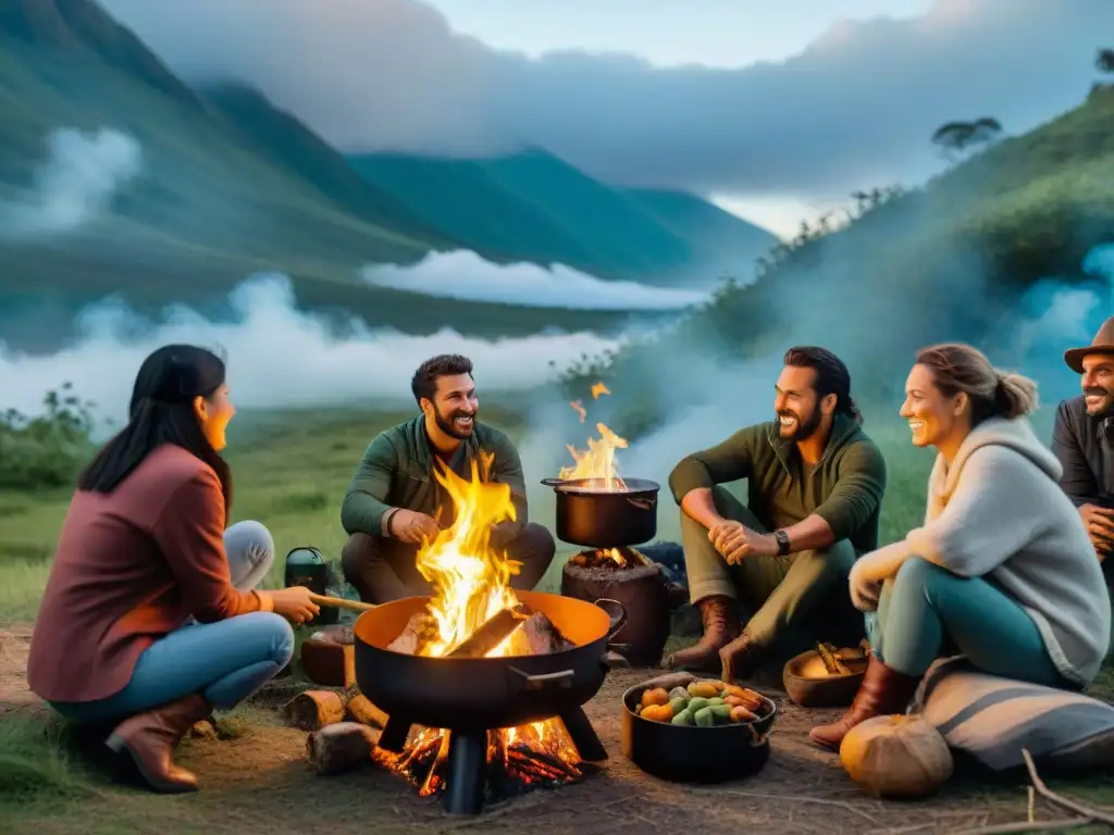 Cena al aire libre: Campamento uruguayo en el bosque al anochecer Grupo de campistas cocinando con ingredientes locales alrededor de fogata en camping en el bosque al anochecer