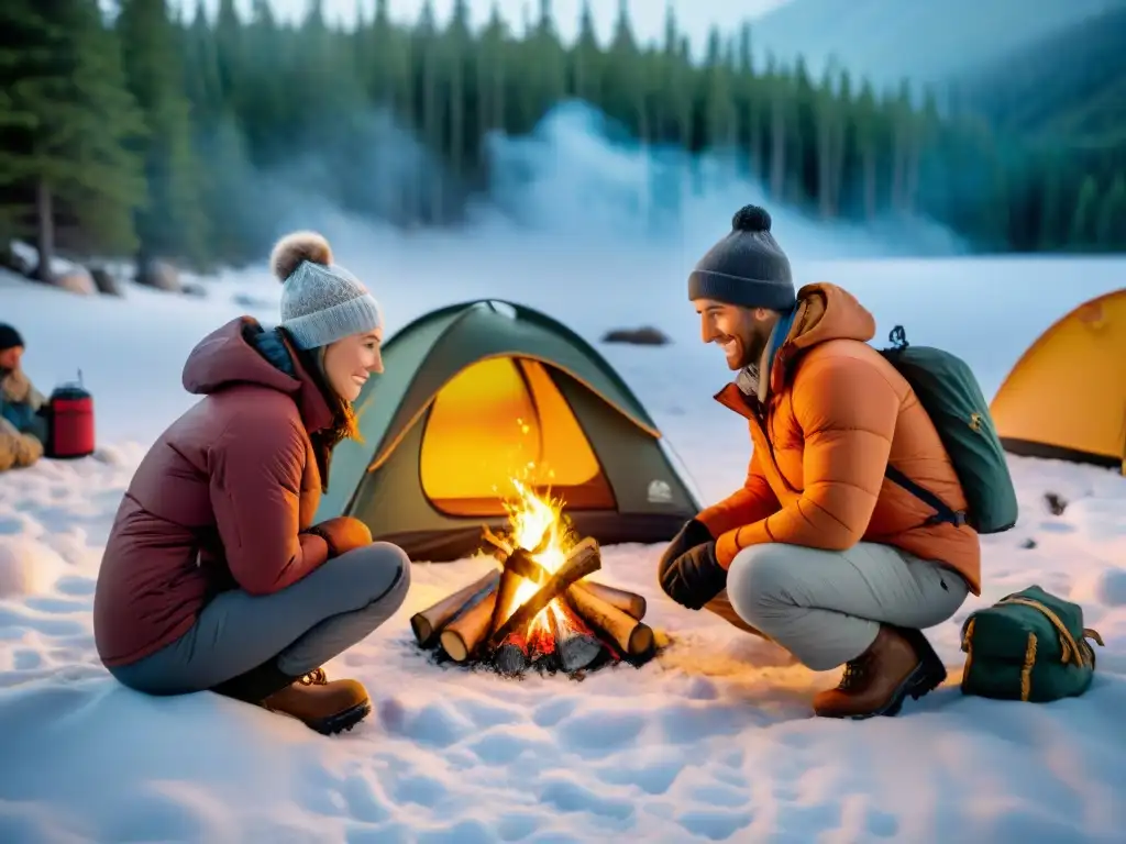 Campamento invernal: Preparándose con estilo en la nieve Grupo de campistas en invierno ajustando su vestimenta adecuada para campismo invernal, rodeados de un bosque nevado