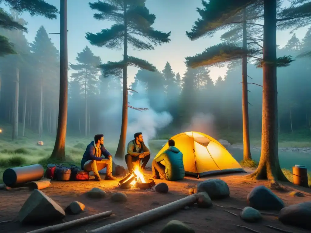 Emergencia en el bosque: campistas unidos ante accidente Grupo de campistas atendiendo a una lesión en el bosque de Uruguay