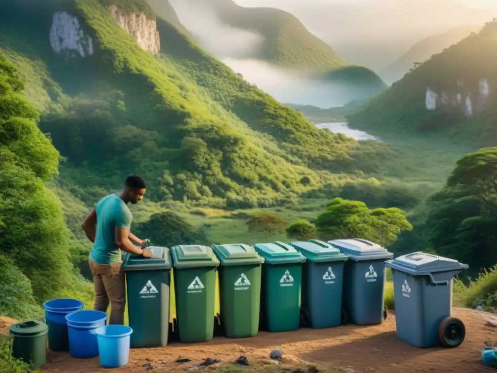 Campamento eco-friendly: Reciclaje en la naturaleza al atardecer Grupo de campistas practicando el manejo de desechos en camping en un entorno natural, al atardecer