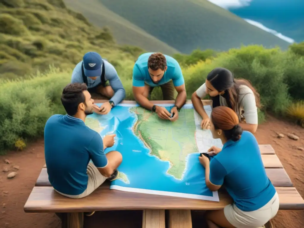 Planificación de ruta en camping uruguayo Grupo de campistas interpretando mapas en un camping de Uruguay, rodeados de naturaleza