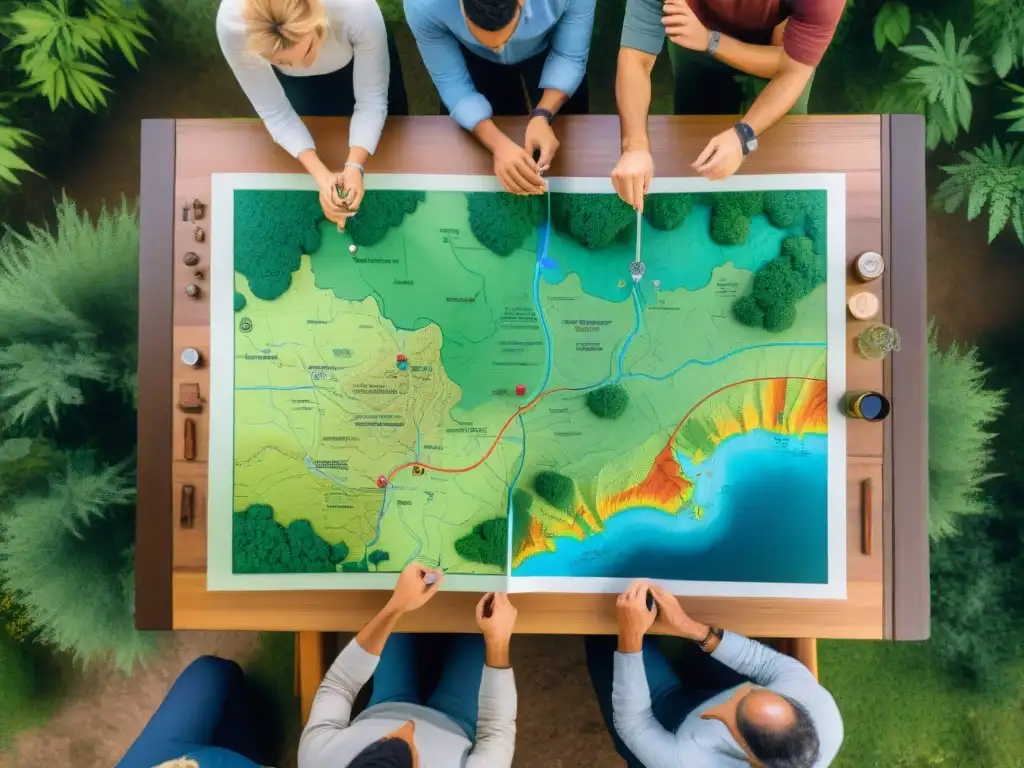 Exploración en grupo: campamento y mapas topográficos en Uruguay Un grupo de campistas interpretando mapas en un camping de Uruguay, rodeados de naturaleza y camaradería