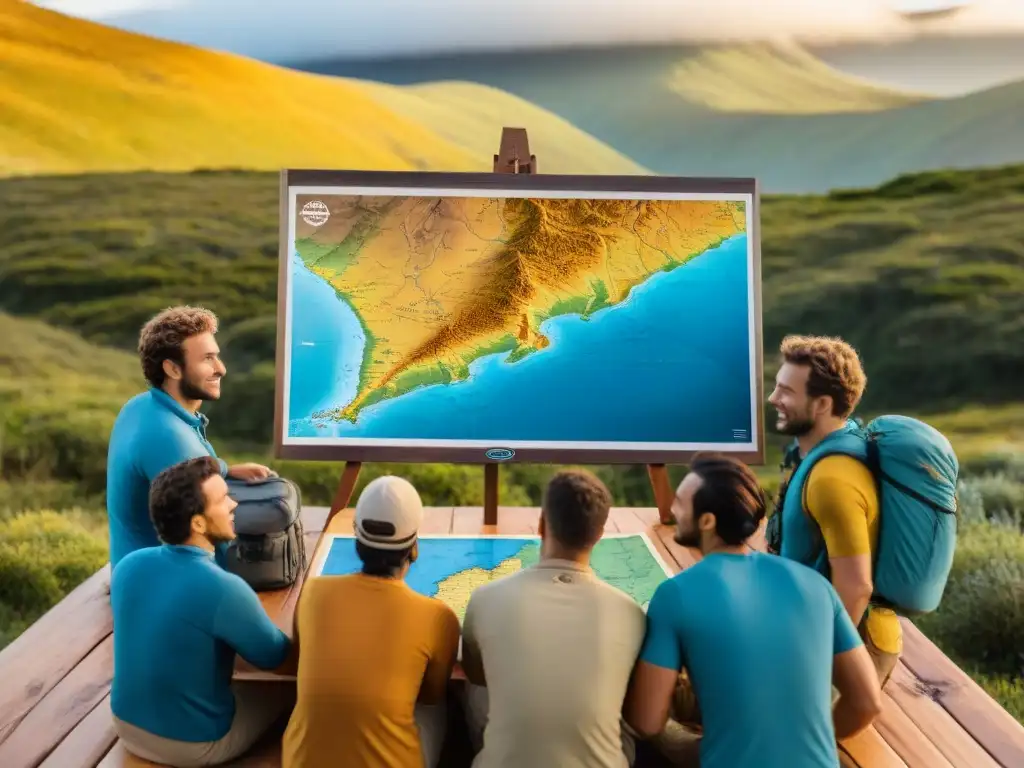 Exploradores planificando ruta en mapa topográfico al atardecer Grupo de campistas interpretando mapas camping Uruguay al atardecer