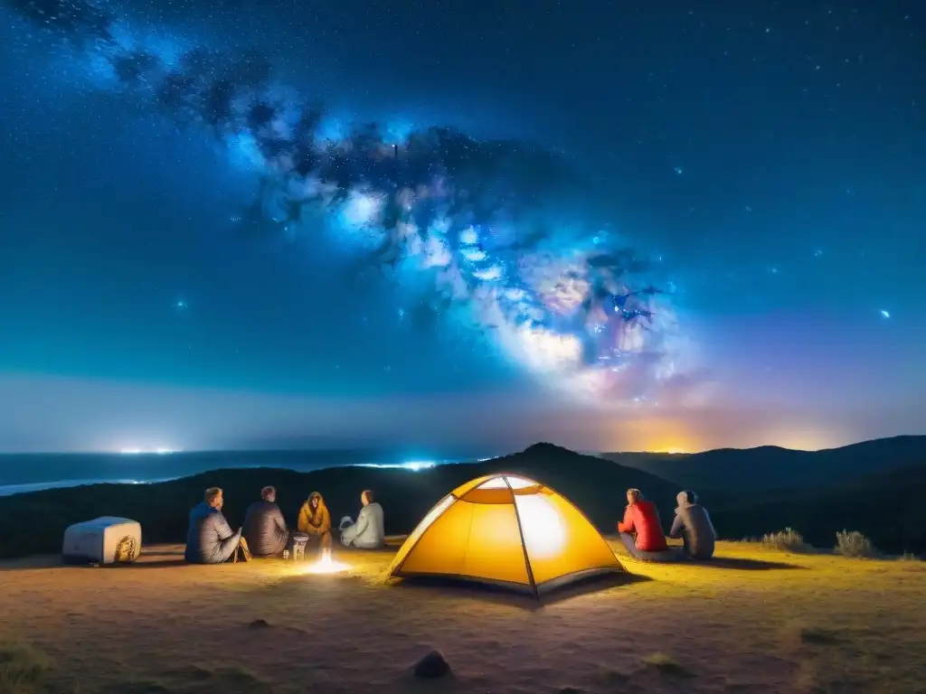 Maravillas estelares: noche mágica de astronomía en Uruguay Grupo de campistas maravillados observando las estrellas durante una noche de camping en Uruguay