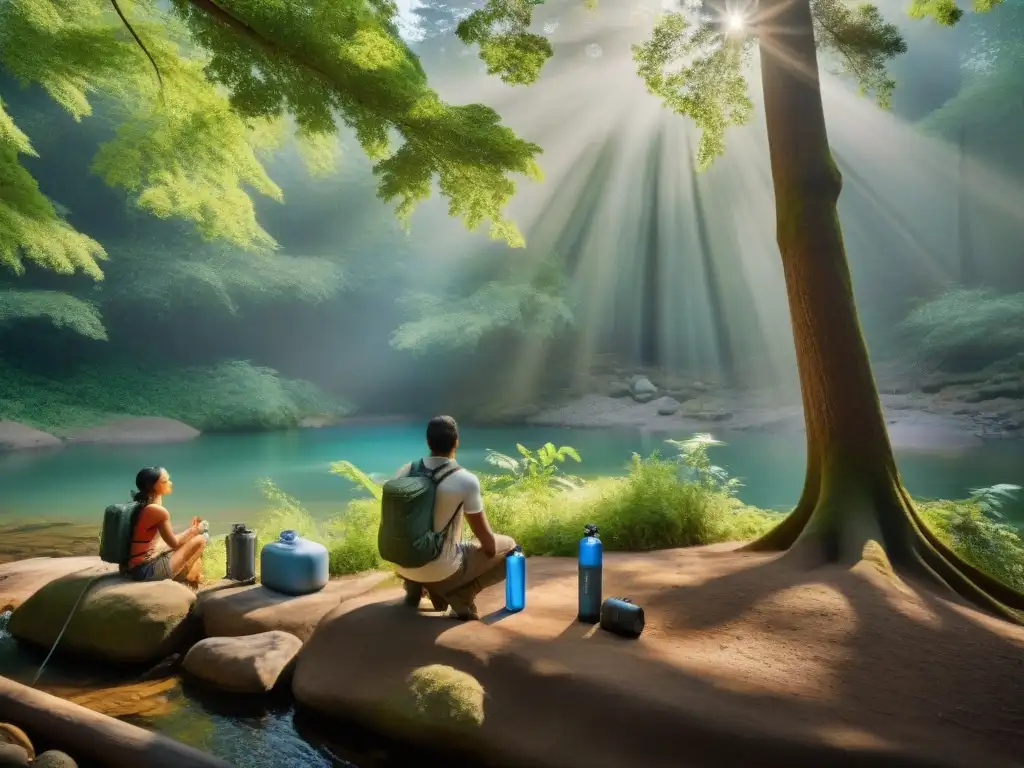 Comparativa de filtros de agua en el bosque Grupo de campistas evaluando los mejores sistemas de filtración camping en un bosque tranquilo