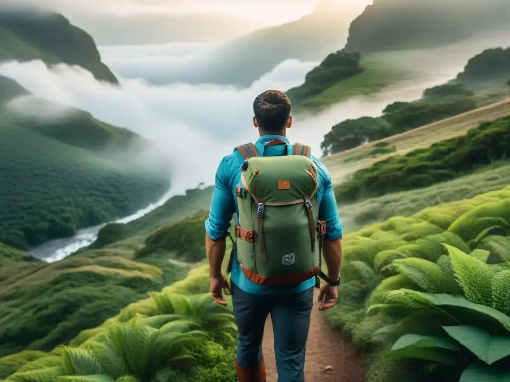 Exploradores equipados con mochilas técnicas en Uruguay Un grupo de campistas con mochilas técnicas para camping en Uruguay, explorando la exuberante naturaleza