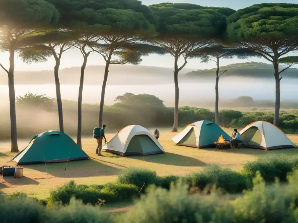 Campamento en Uruguay: Aventura entre la naturaleza exuberante Grupo de campistas disfrutando de la naturaleza en un camping pintoresco en Uruguay