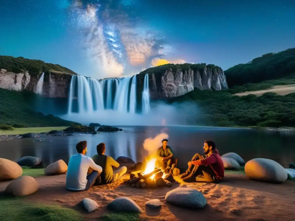 Campamento bajo las estrellas en Uruguay: camaradería y aventura Grupo de campistas disfrutando de una noche estrellada alrededor de una fogata en la naturaleza de Uruguay, junto a una cascada