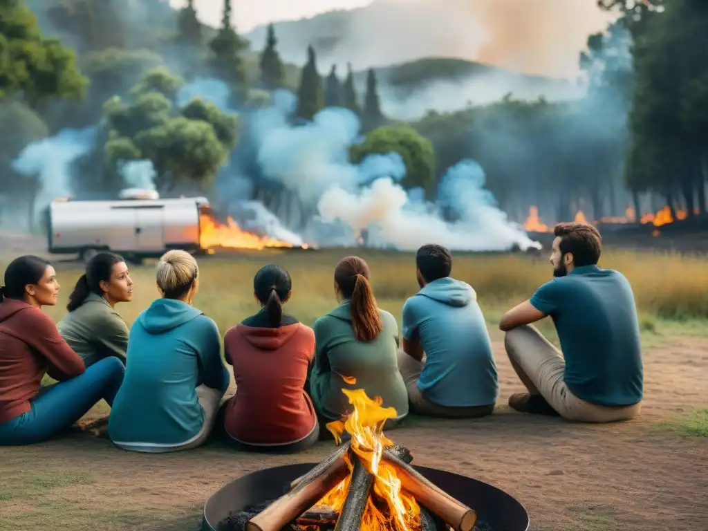 Prácticas de seguridad contra incendios en campamento en Uruguay Grupo de campistas aprendiendo normativas prevención incendios camping Uruguay en un bosque exuberante