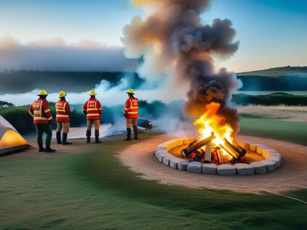 Camping seguro en Uruguay: Prevención de incendios Grupo de campistas siguiendo normativas prevención incendios camping en Uruguay, con equipamiento y capacitación de bomberos forestales