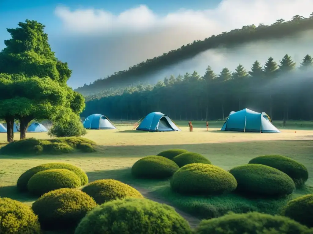 Campamento en Uruguay: Prevención de incendios en la naturaleza Grupo de campistas practicando normativas prevención incendios camping Uruguay, rodeados de naturaleza serena