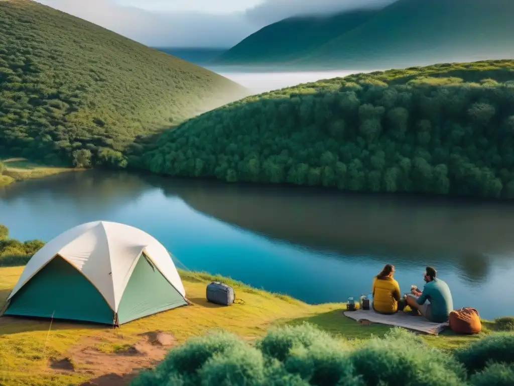 Camping en Uruguay: Naturaleza, Paz y Aventura Grupo de campistas en el paisaje de Uruguay, montando carpas cerca de un río, rodeados de naturaleza exuberante