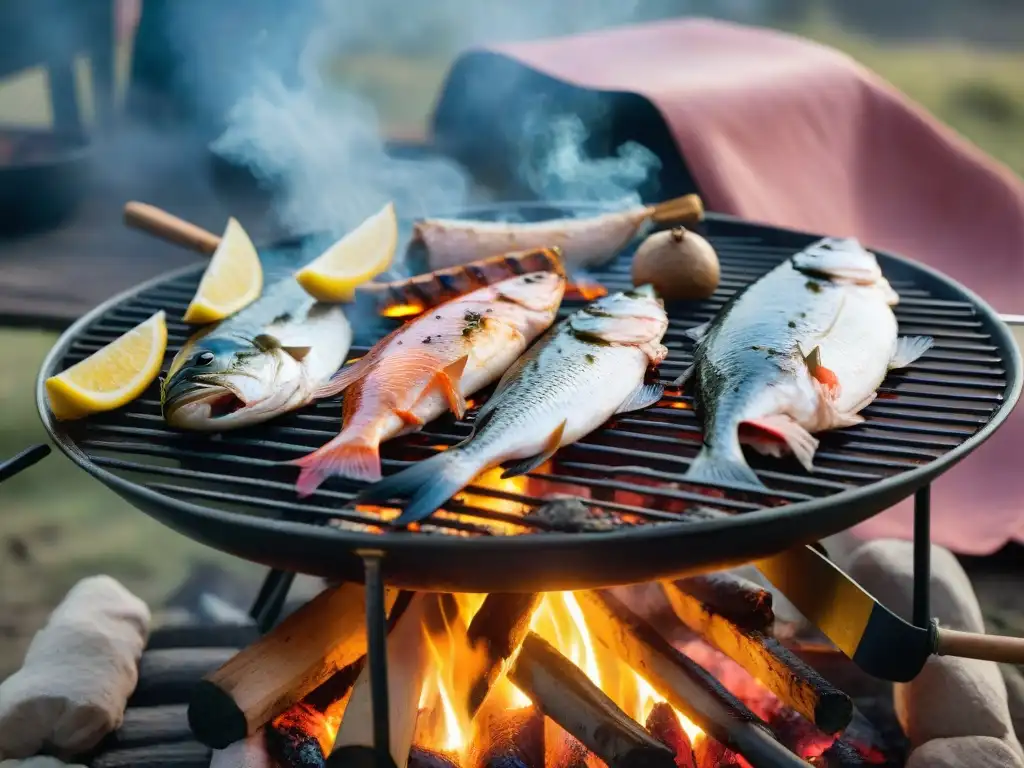 Parrillada de pescado en camping uruguayo Grupo de campistas disfrutando de pescado a la parrilla en un camping uruguayo pintoresco al atardecer
