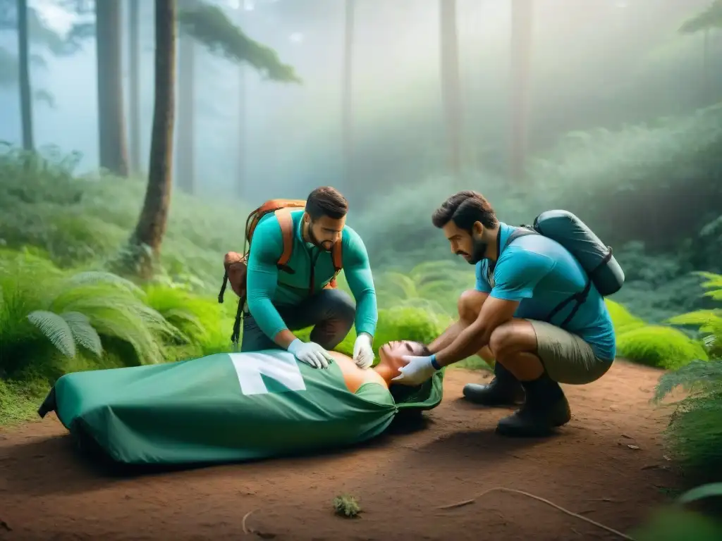 Entrenamiento en primeros auxilios en la naturaleza: campamento en Uruguay Grupo de campistas en Uruguay practicando primeros auxilios en el bosque