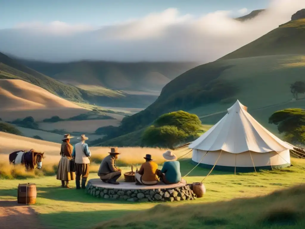 Campamento vintage con mate en el campo uruguayo Grupo de campistas de principios del siglo XX disfrutando de un tradicional círculo de mate en el campo uruguayo