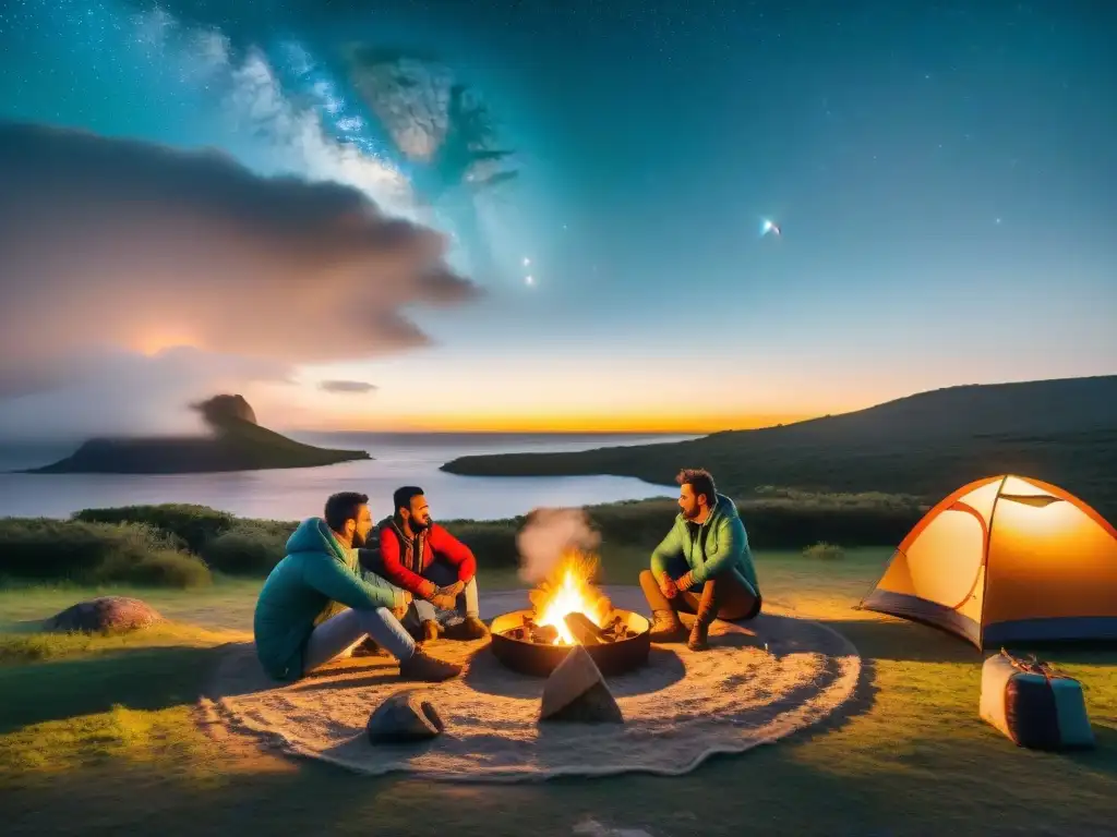 Campamento bajo el atardecer en Uruguay Un grupo de campistas disfruta de una puesta de sol en Uruguay con sillas y mesas portátiles camping