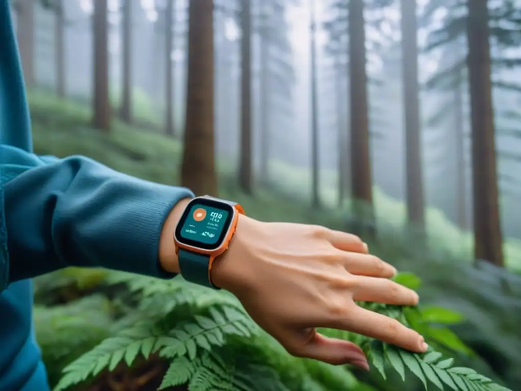 Exploradores activos con trackers en la naturaleza Grupo de campistas con rastreadores de actividad en sendero forestal