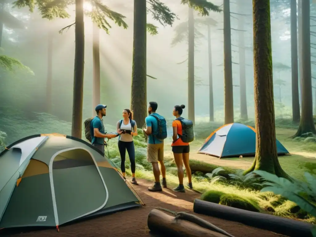 Excursión en el bosque: campistas con trackers de actividad Grupo de campistas con rastreadores de actividad disfrutan de la naturaleza en un bosque verde exuberante