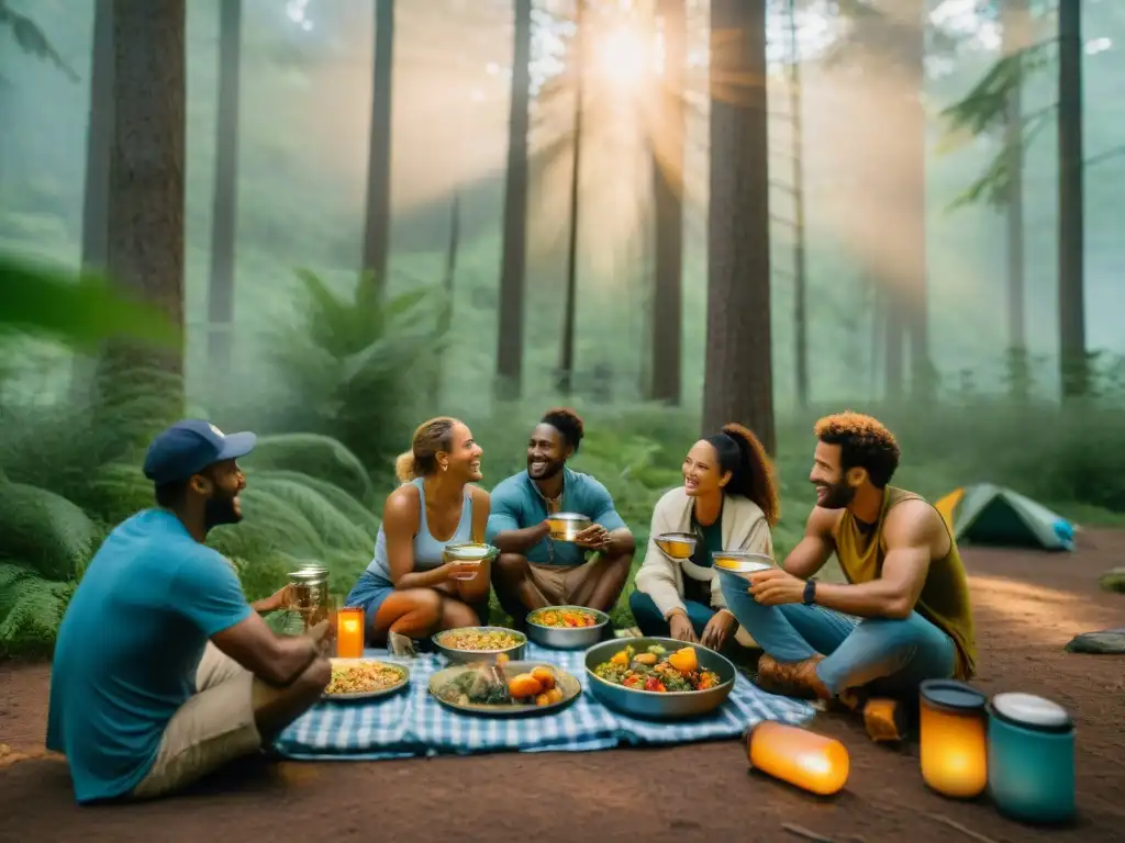 Picnic en el bosque: disfrutando de deliciosas recetas sin fuego Grupo de campistas disfrutando de recetas camping sin fuego creativas en un bosque, creando un ambiente de camaradería y relajación