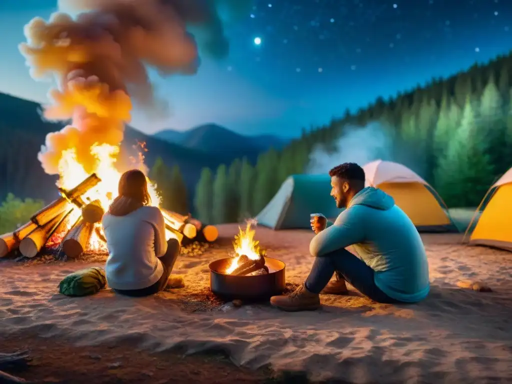 Noches de campamento: Risas y relatos alrededor de la fogata Grupo de campistas relajados compartiendo historias alrededor de fogata en la noche