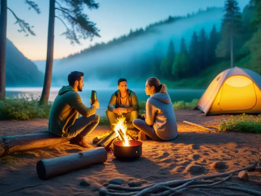 Noche de camping: aplicando repelente alrededor del fuego Grupo de campistas aplicando repelente de mosquitos alrededor de la fogata en un bosque al anochecer