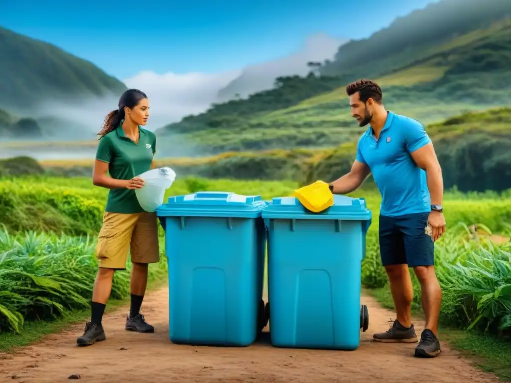 Campamento sustentable: separación de residuos en Uruguay Grupo de campistas separando residuos en campamento en Uruguay, resaltando el manejo de residuos al acampar