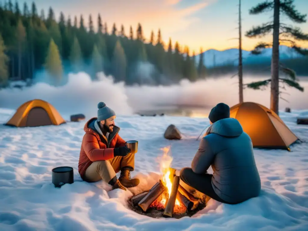 Calidez invernal: amigos, fogata y estofado en la nieve Un grupo de campistas reunidos alrededor de una fogata en la nieve, disfrutando de recetas de cocina de campamento invierno