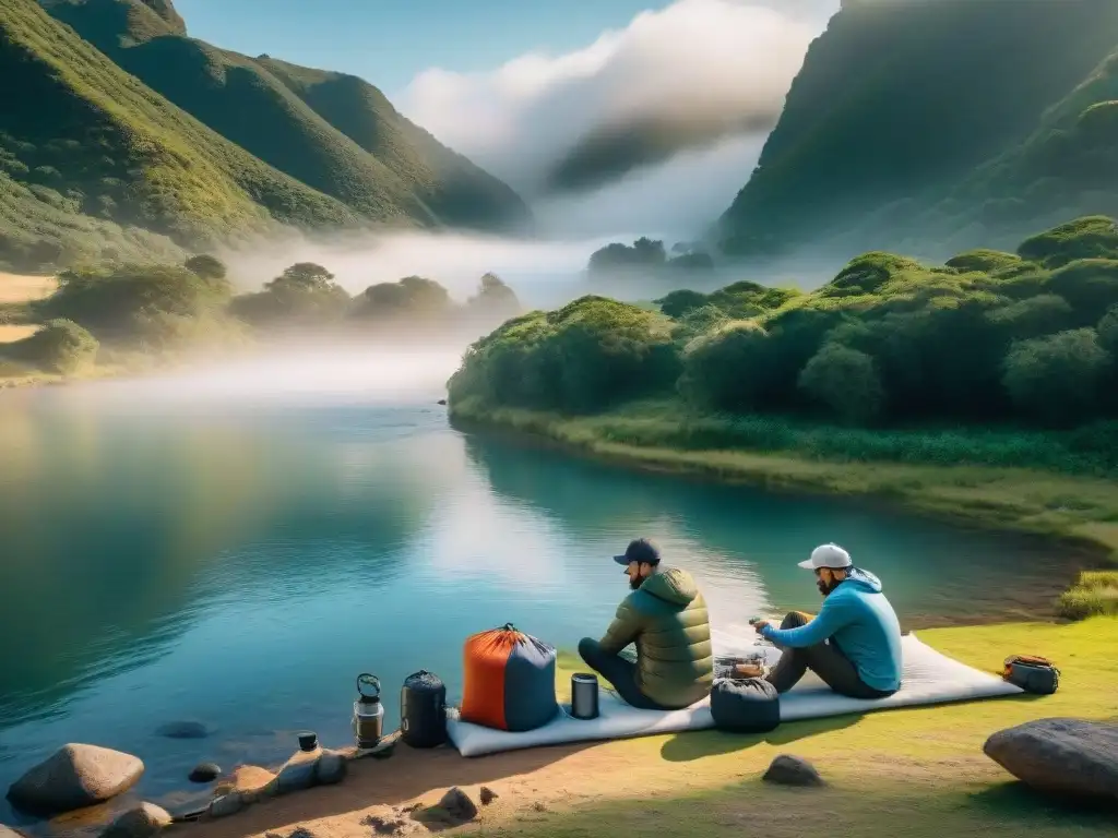 Montaje de purificador de agua en campamento en Uruguay Grupo de campistas en Uruguay montando sistema purificación agua en campamento junto al río