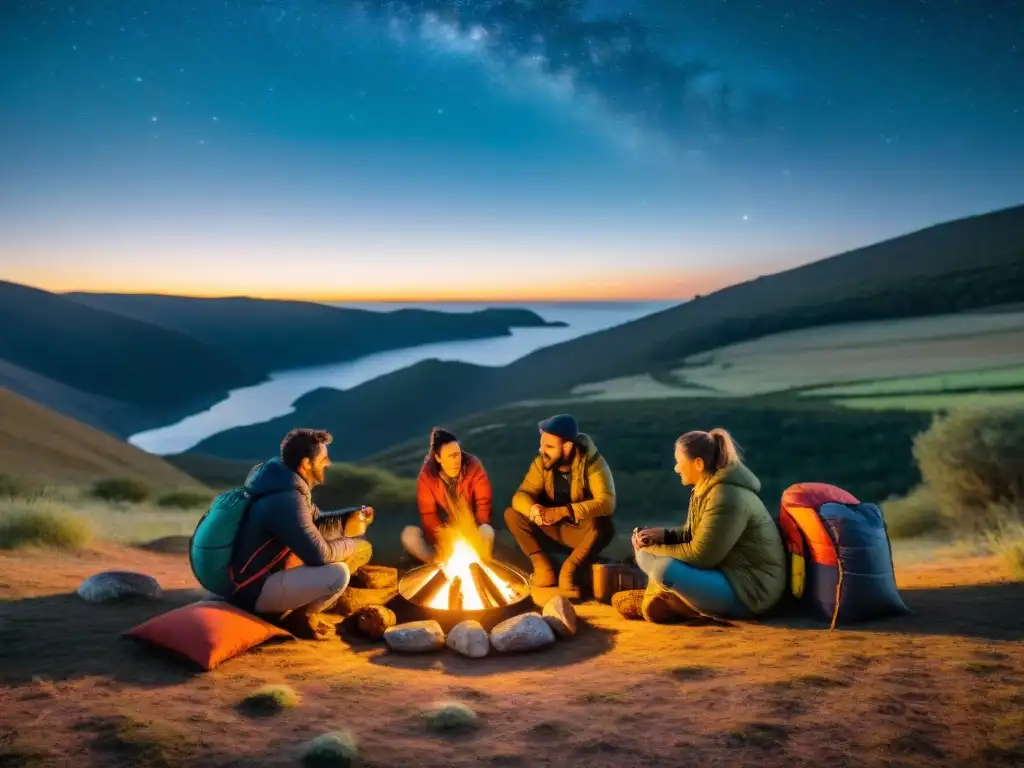 Campamento estelar en Uruguay con deshidratador de alimentos Grupo de campistas disfrutan de snacks caseros alrededor de fogata en la naturaleza de Uruguay, con deshidratador de alimentos