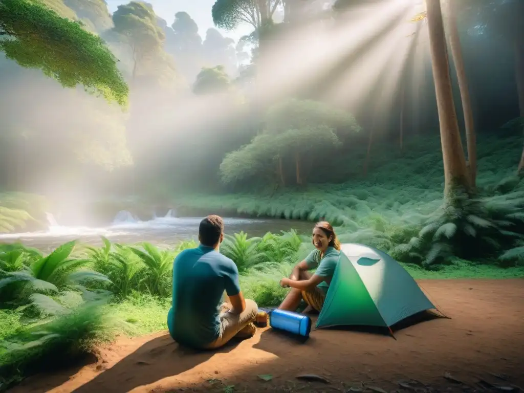 Campamento feliz: purificando agua en la naturaleza de Uruguay Grupo de campistas sonrientes en el bosque de Uruguay, usando filtros de agua portátiles en un día soleado de camping