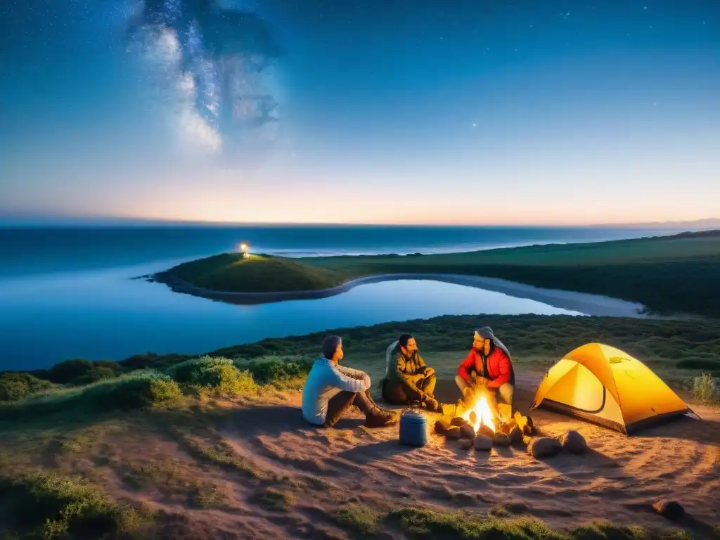 Noche de campamento en Uruguay: diversión y limpieza en la naturaleza Grupo de campistas sonrientes disfrutando de la noche estrellada alrededor de una fogata en Uruguay con los mejores filtros agua camping Uruguay
