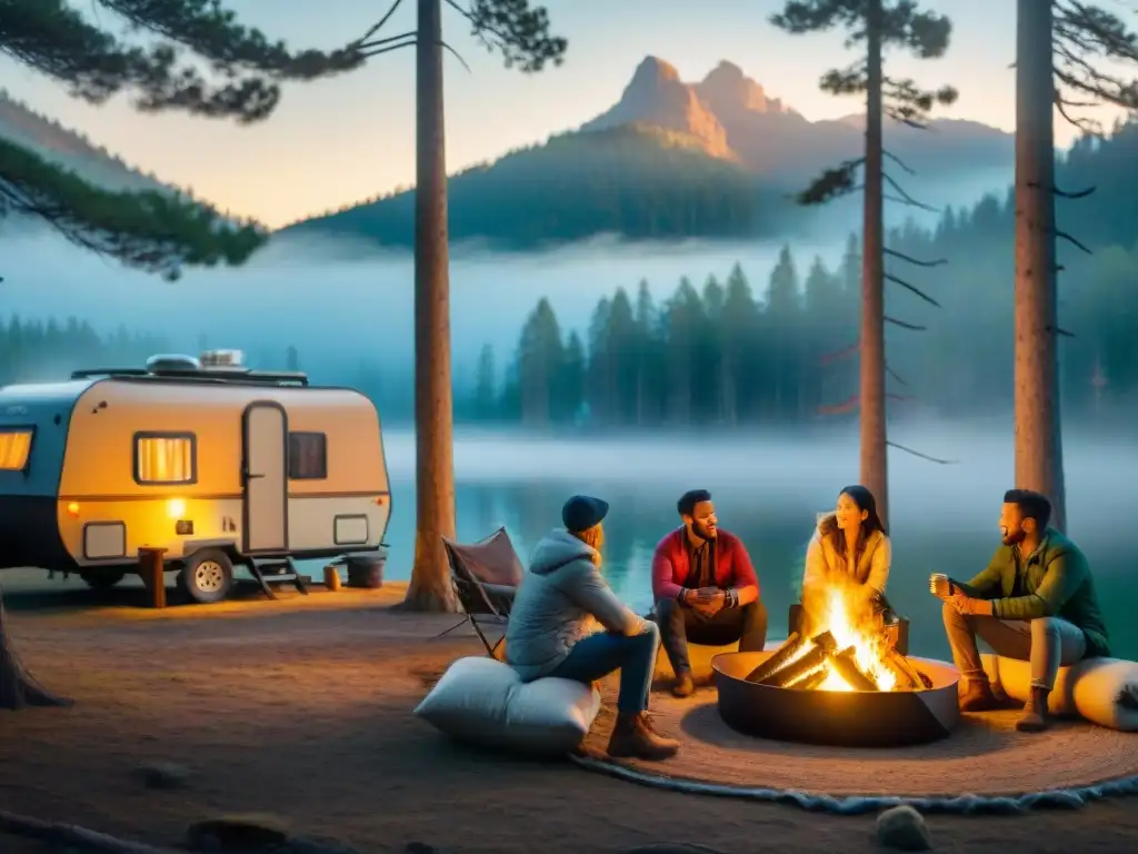 Campamento acogedor: risas y conversaciones alrededor de la fogata Grupo de campistas sonrientes alrededor de sillas y mesas portátiles en un campamento entre pinos con fogata brillante al atardecer