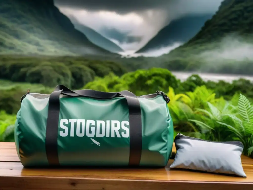 Preparación de emergencia: campamento en Uruguay Un grupo de campistas en Uruguay preparando suministros para emergencias climáticas bajo un cielo tormentoso en un bosque verde