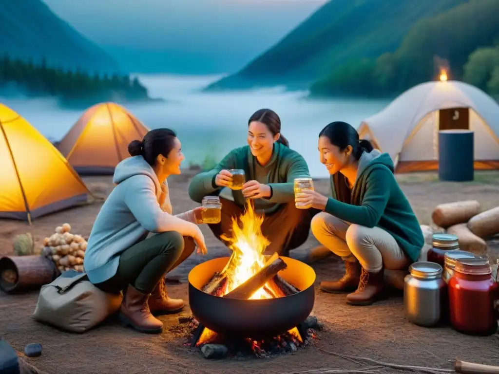 Campamento nocturno: fermentación en la naturaleza Grupo de campistas disfrutando de técnicas de fermentación en camping alrededor de una fogata al anochecer, examinando frascos con curiosidad