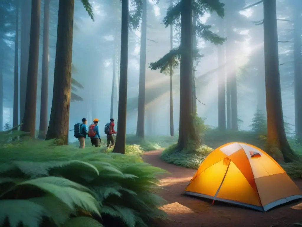 Exploración tecnológica en el bosque: campistas equipados Un grupo de campistas con tecnología wearable recorriendo un bosque denso