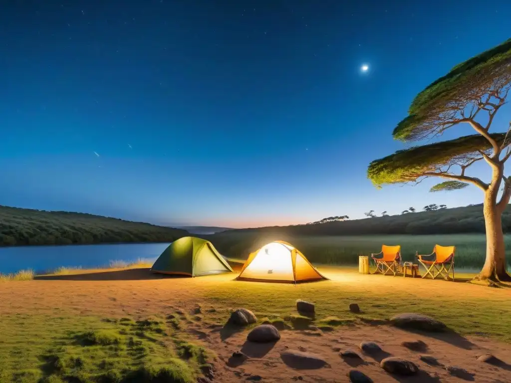 Campamento mágico junto al río en Uruguay Grupo de campistas montando tienda bajo un cielo estrellado en un campamento en Uruguay