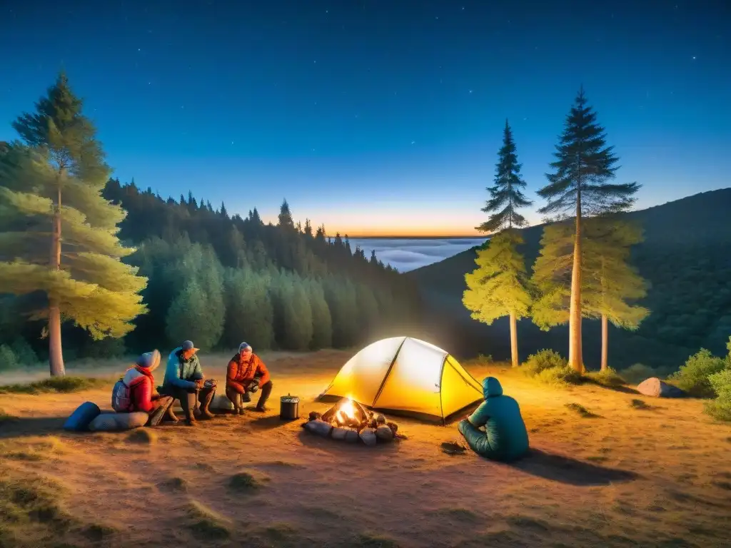 Campamento mágico bajo el cielo estrellado de Uruguay Grupo de campistas montando tienda bajo el cielo estrellado de Uruguay, iluminados por fogata