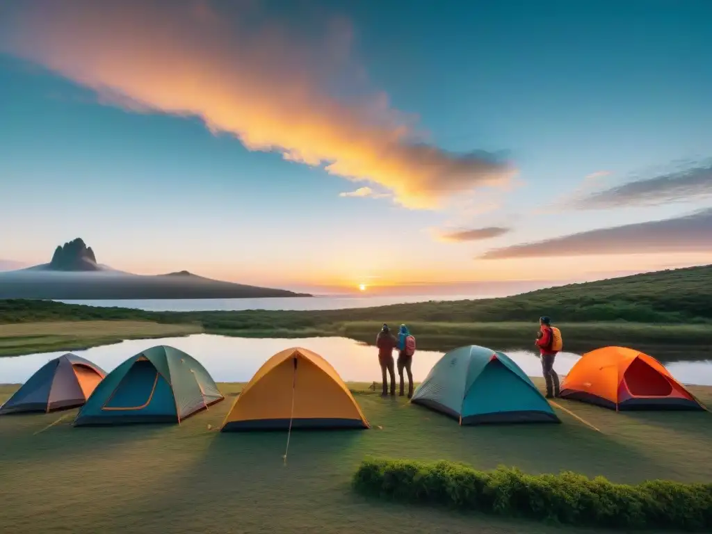 Camping en Uruguay: Atardecer mágico junto al lago Grupo de campistas en Uruguay montando tiendas al atardecer junto al lago, reflejos coloridos